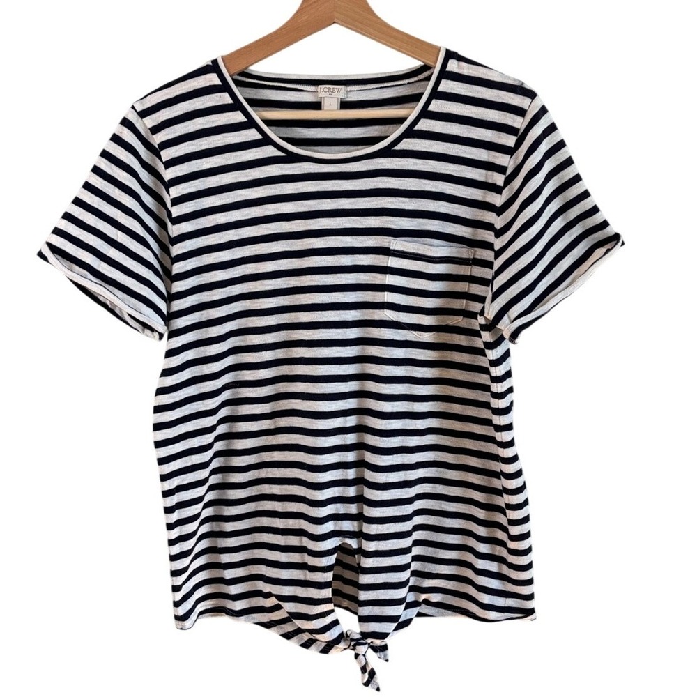 J. Crew Factory Tee Navy White Women L Striped Tie-Hem Pocket H6058